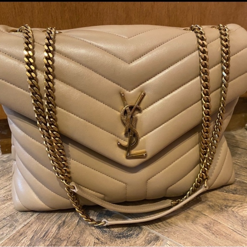 Yves Saint Laurent Cream Quilted Chevron Shoulder  Medium Bag
Dark Beige